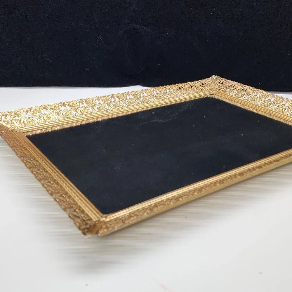 Gold Tone Filigree Mirrored Vanity Tray Wall Hanging Rectangle Hollywood Regency